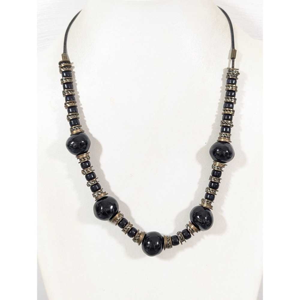 Vintage Black Ceramic Necklace Chunky Beads Bronze Tone Statement Tribal 25"